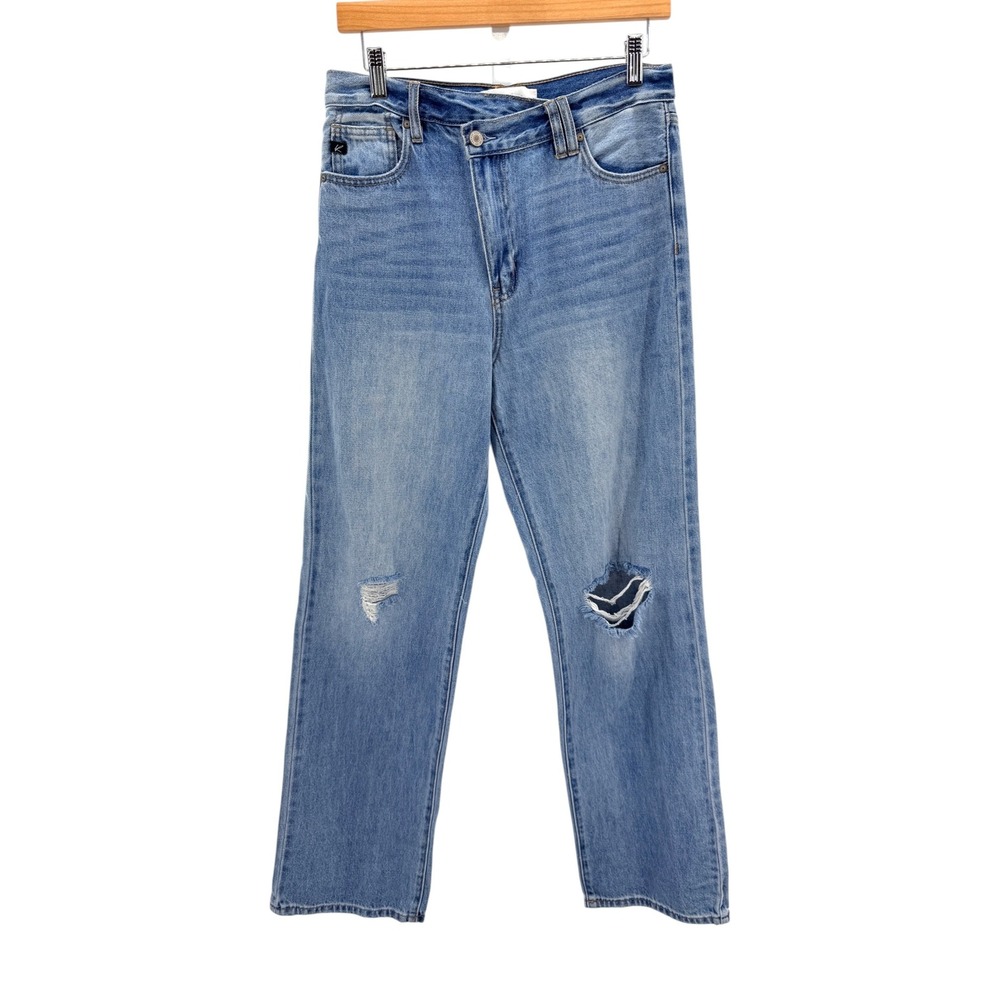 KanCan Womens High Rise Crossover Waist Straight Leg Distressed Jean Med Wash 32